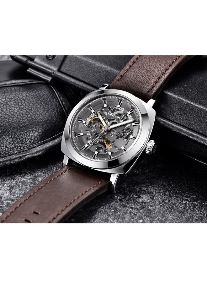 BENYAR - Men's automatic watch, leather strap skeleton mechanical movement waterproof watch men's Lume pointer BY-5121 silver brown - Image 1
