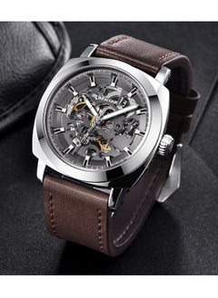 BENYAR Men's automatic watch, leather strap skeleton mechanical movement waterproof watch men's Lume pointer BY-5121 silver brown  - Image 5