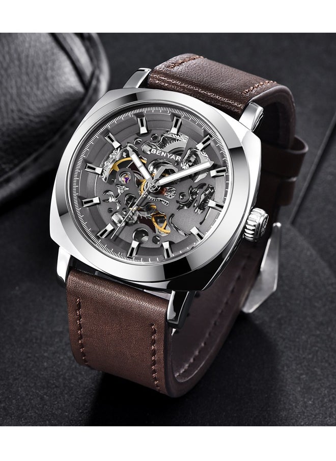 BENYAR - Men's automatic watch, leather strap skeleton mechanical movement waterproof watch men's Lume pointer BY-5121 silver brown - Image 1