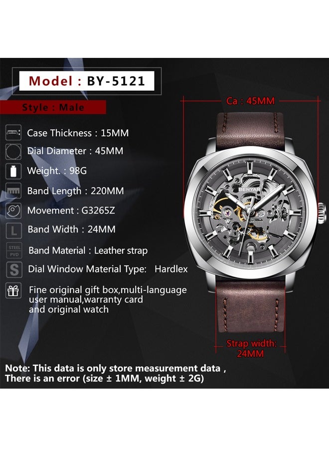 BENYAR - Men's automatic watch, leather strap skeleton mechanical movement waterproof watch men's Lume pointer BY-5121 silver brown - Image 1