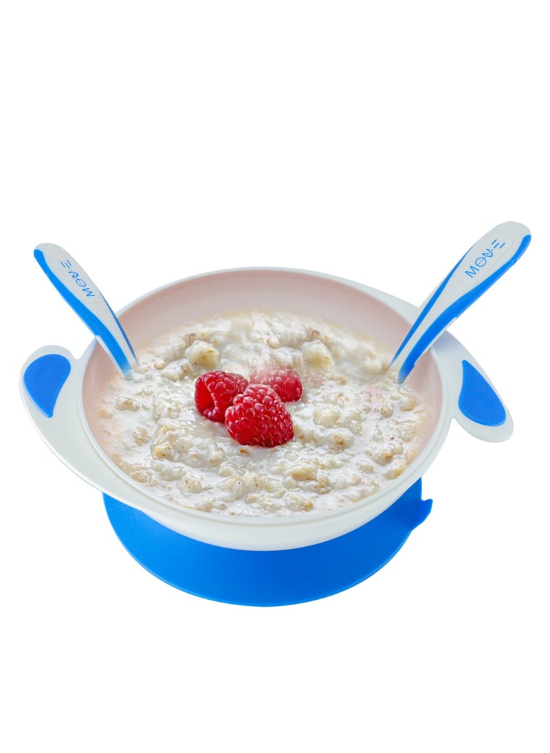 موف أون - وعاء وجبة الطفل من موف أون - 330مل، خالي من BPA مع ملعقة وشوكة - أزرق - Image 1