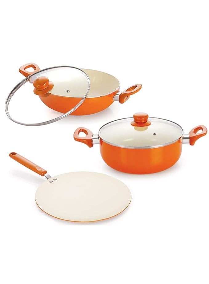 Nirlon Ceramic Aluminium Cookware Set, 1 Roti Tawa, 1 Deep Kadhai with Glass lid, 1 Deep Casserole with Glass lid Orange - Image 1