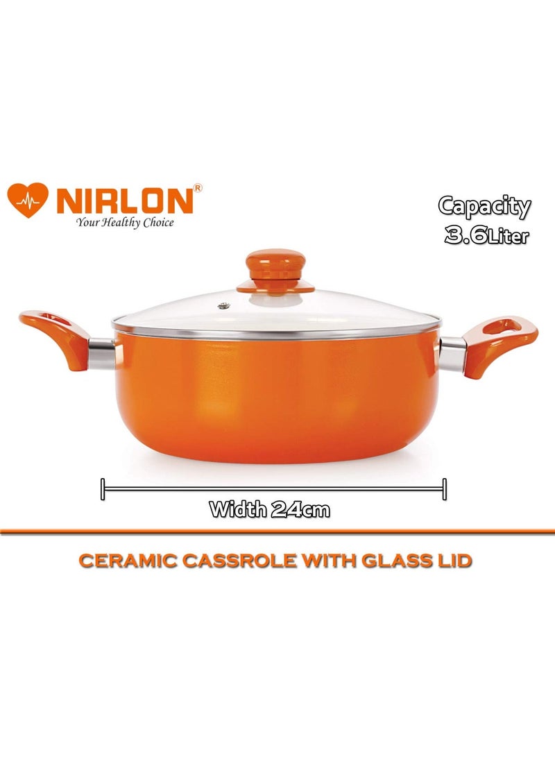 Nirlon Ceramic Aluminium Cookware Set, 1 Roti Tawa, 1 Deep Kadhai with Glass lid, 1 Deep Casserole with Glass lid Orange - Image 4