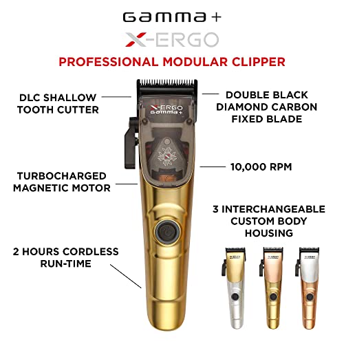 GAMMA+ X-Ergo Professional Cordless Hair Clipper 9V Microchipped Magnetic Motor, 3 Custom Lids in Matte Chrome, Gold, Rose Gold - Image 2
