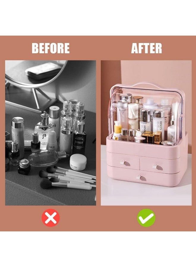 TONSYL 3 Drawers Dustproof Cosmetic Storage Box, Cosmetics Skincare Jewelry Lipstick Organizer, Multi-Function Make Up Case, Cosmetics Storage Box, Makeup Organizer for Women (Pink) - Image 3