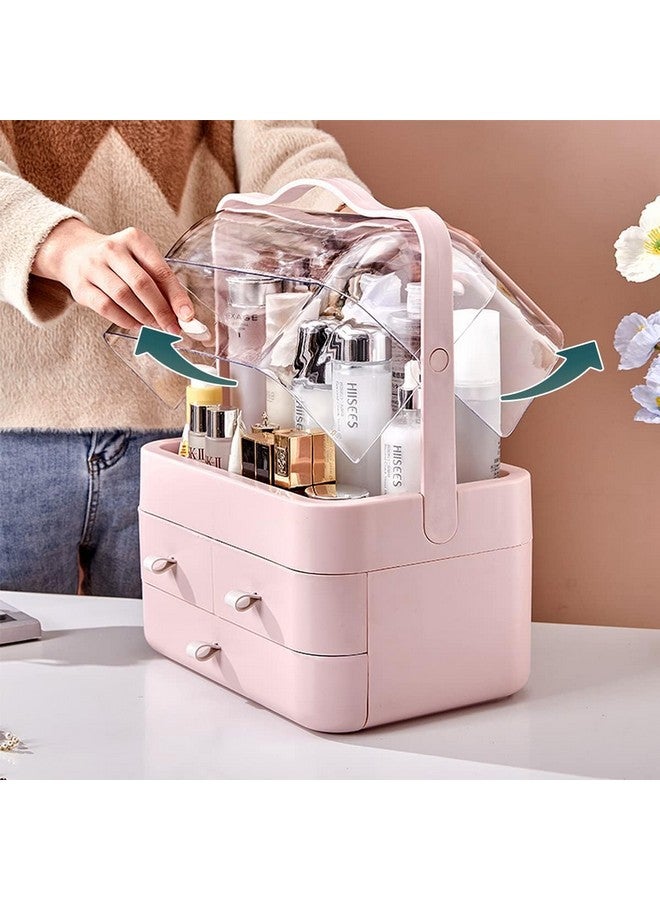 TONSYL 3 Drawers Dustproof Cosmetic Storage Box, Cosmetics Skincare Jewelry Lipstick Organizer, Multi-Function Make Up Case, Cosmetics Storage Box, Makeup Organizer for Women (Pink) - Image 4