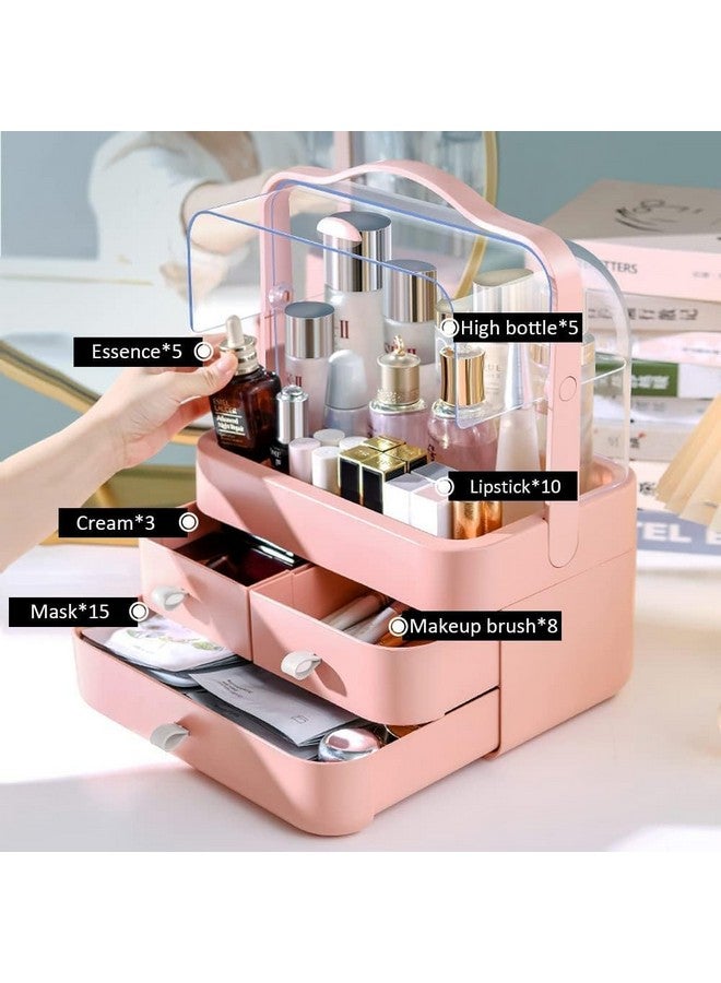 TONSYL 3 Drawers Dustproof Cosmetic Storage Box, Cosmetics Skincare Jewelry Lipstick Organizer, Multi-Function Make Up Case, Cosmetics Storage Box, Makeup Organizer for Women (Pink) - Image 5