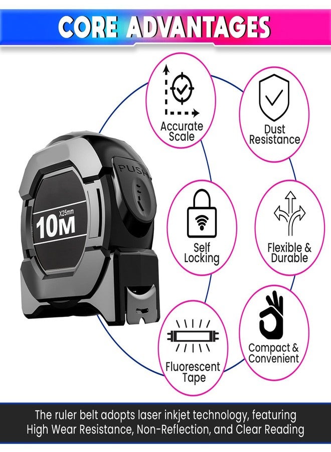 Gadget Hero's 10 Meter Measuring Tape with Auto-Locking and Retracting Feature, Heavy Duty Unbreakable ABS Case with Belt Clip- One-Man Operation, Measure in Inch & Centimeters. - Image 2