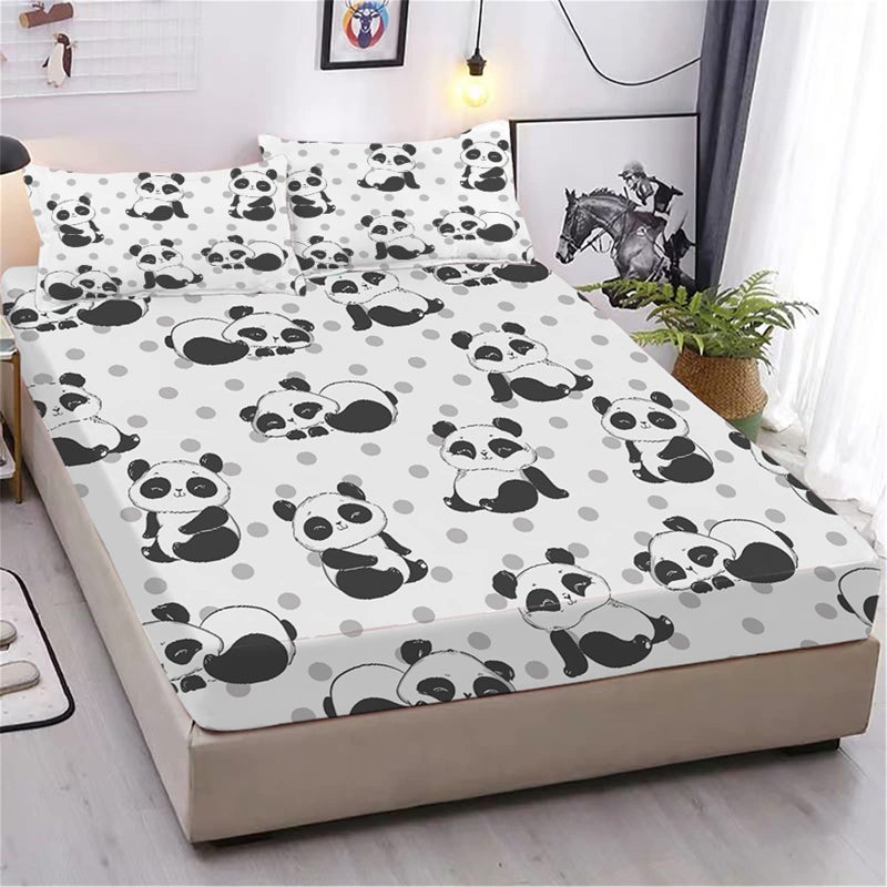 URLINENS Cute Panda Fitted Sheet and Pillowcase Twin Size Polka Dot Lovely Panda Sheet Set for Kids Boys Girls Teens Soft Microfiber Cartoon Animal Fun Bedding Decor 2 Piece Kids Bed Sheet