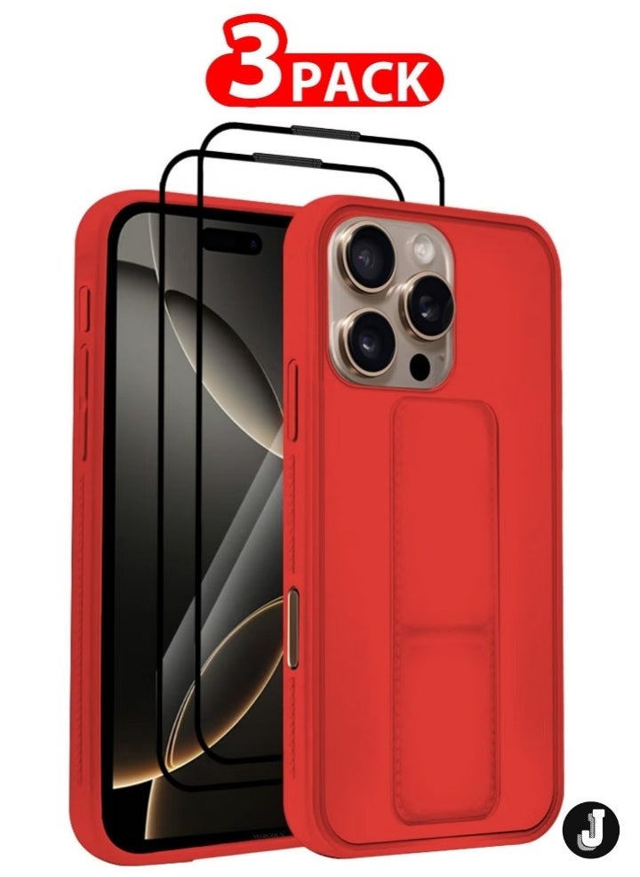 JAJEEK "3-Pack Premium PU Leather Case & Screen Protectors for iPhone 16 Pro Max – Shockproof, Anti-Scratch, Stand Function, Finger Grip Case Cover (Red)" - Image 1