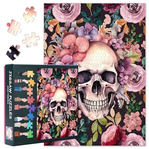 Rebotipy Jigsaw Puzzles 1000 Pieces for Adults A Skull with Flowers Jigsaw Puzzles Flowers Puzzles for Adult 1000 Pieces Skull Puzzles Impossible Puzzle for Adults 20X27 INCH - Image 1