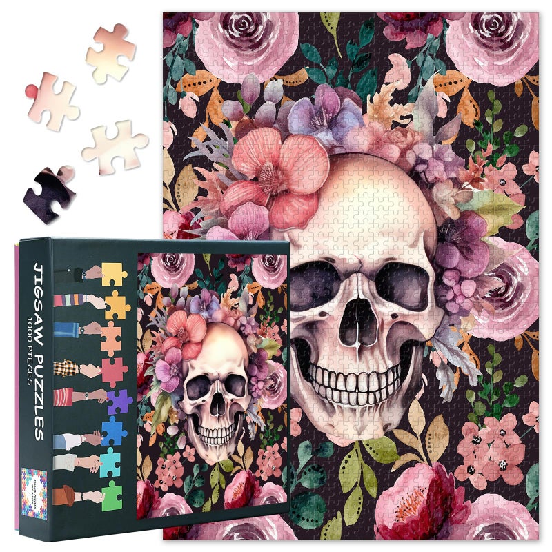 Rebotipy Jigsaw Puzzles 1000 Pieces for Adults A Skull with Flowers Jigsaw Puzzles Flowers Puzzles for Adult 1000 Pieces Skull Puzzles Impossible Puzzle for Adults 20X27 INCH - Image 3