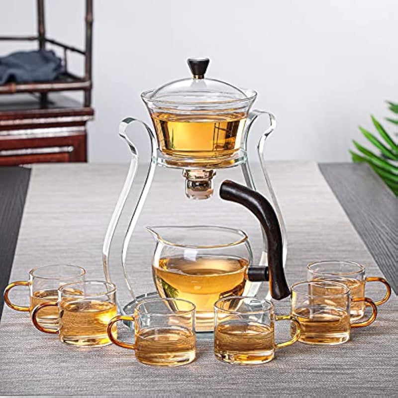 RORA Lazy Kungfu Glass Tea Set Semi Automatic Drip Rotating with Infuser Glass Teapot Set (6 cups) - Image 1