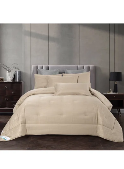 Donetella Comforter Set 6-Pcs King Size Hotel Style Thin Striped Bed Set Fits 200x203 Cms (350 GSM) With Down Alternative Filling, Beige