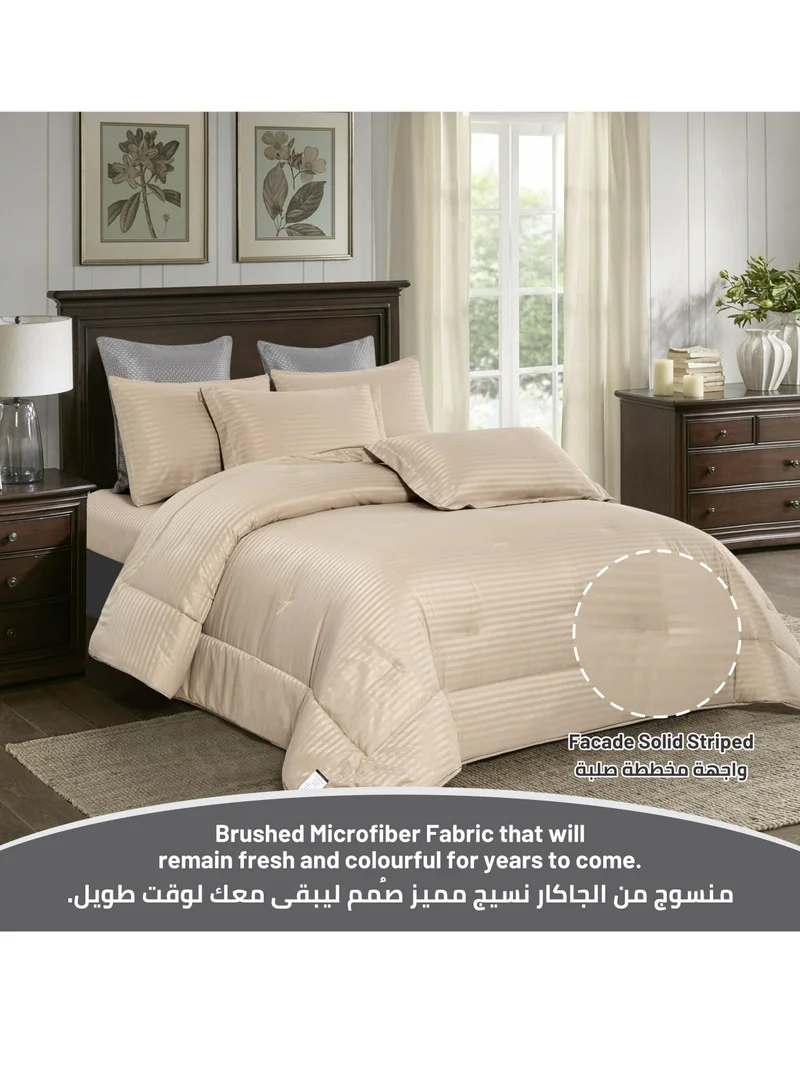 Donetella Comforter Set 6-Pcs King Size Hotel Style Thin Striped Bed Set Fits 200x203 Cms (350 GSM) With Down Alternative Filling, Beige
