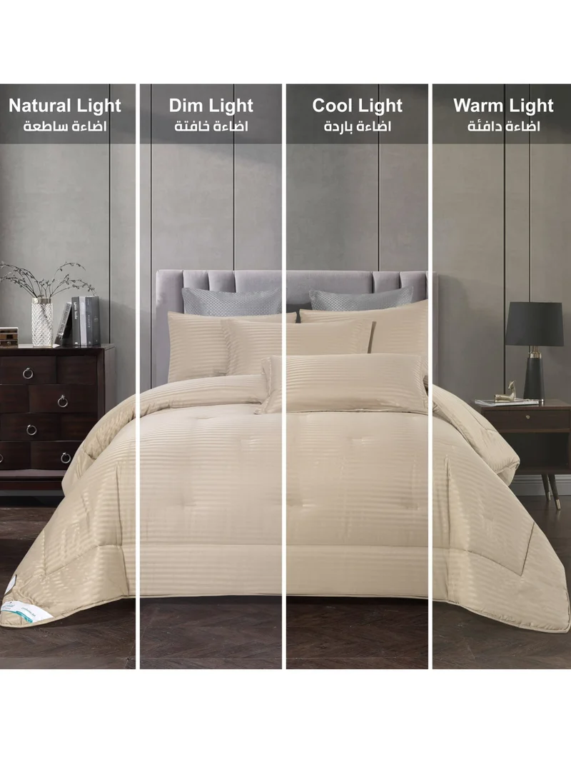 Donetella Comforter Set 6-Pcs King Size Hotel Style Thin Striped Bed Set Fits 200x203 Cms (350 GSM) With Down Alternative Filling, Beige