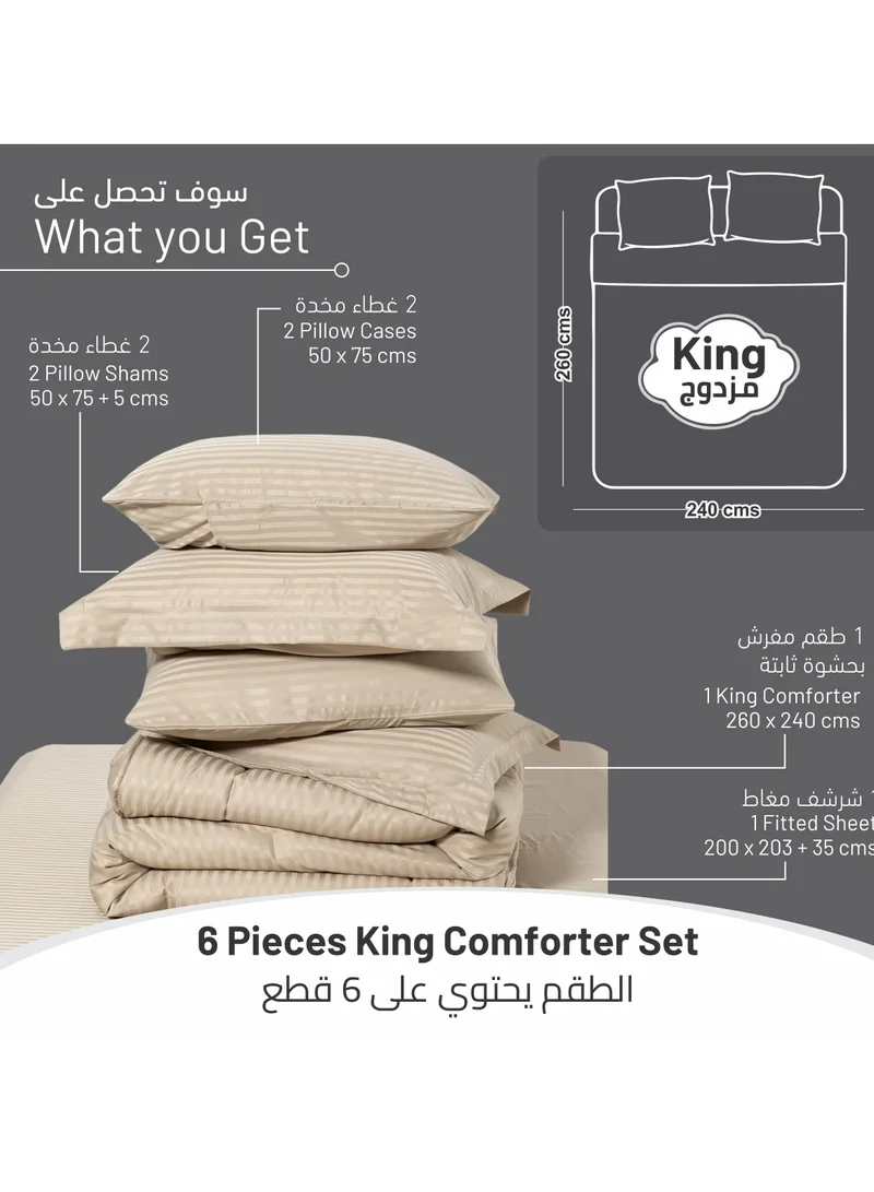 Donetella Comforter Set 6-Pcs King Size Hotel Style Thin Striped Bed Set Fits 200x203 Cms (350 GSM) With Down Alternative Filling, Beige
