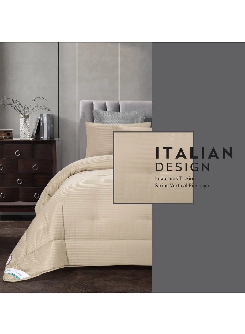 Donetella Comforter Set 6-Pcs King Size Hotel Style Thin Striped Bed Set Fits 200x203 Cms (350 GSM) With Down Alternative Filling, Beige