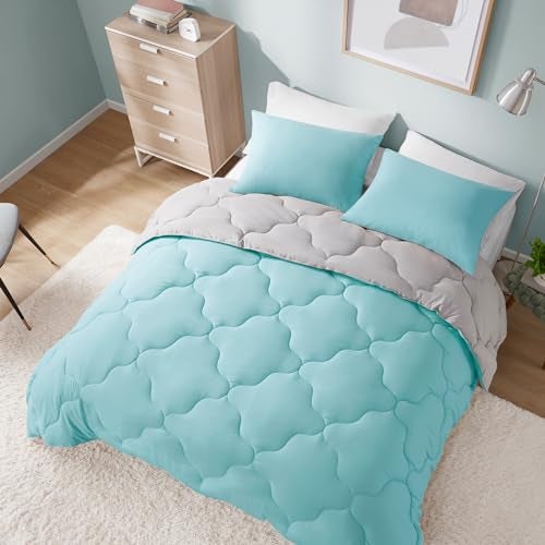 Comfort Spaces مجموعة لحاف كومفورت سبيسز فيكسي القابلة للعكس - غطاء هندسي عشوائي عصري، بديل دافئ مريح لجميع الفصول، مع وسادة متطابقة، أكوا/رمادي، حجم كامل/ملكة 3 قطع - Image 2