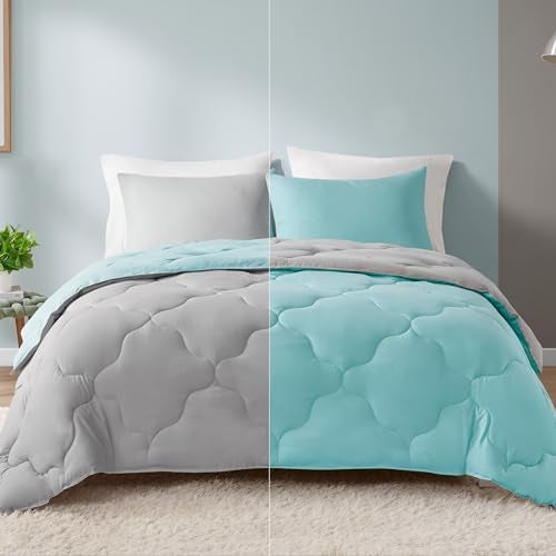 Comfort Spaces مجموعة لحاف كومفورت سبيسز فيكسي القابلة للعكس - غطاء هندسي عشوائي عصري، بديل دافئ مريح لجميع الفصول، مع وسادة متطابقة، أكوا/رمادي، حجم كامل/ملكة 3 قطع - Image 1