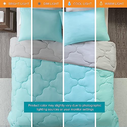 Comfort Spaces مجموعة لحاف كومفورت سبيسز فيكسي القابلة للعكس - غطاء هندسي عشوائي عصري، بديل دافئ مريح لجميع الفصول، مع وسادة متطابقة، أكوا/رمادي، حجم كامل/ملكة 3 قطع - Image 3