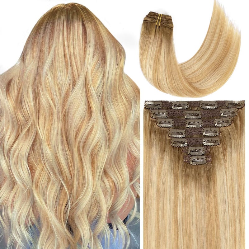 Caliee Clip in Human Hair Ombre R81260A Seamless Clip in Hair Extensions Thick Ends Soft Natural Straight 140g 22inch