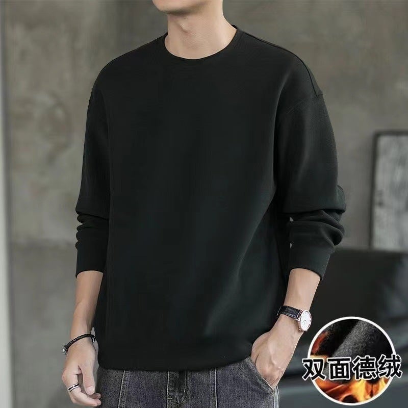 Double-sided Velvet T-Shirt Mens Casual Long Sleeve Warm Tee Autumn Winter Brown  - Image 3