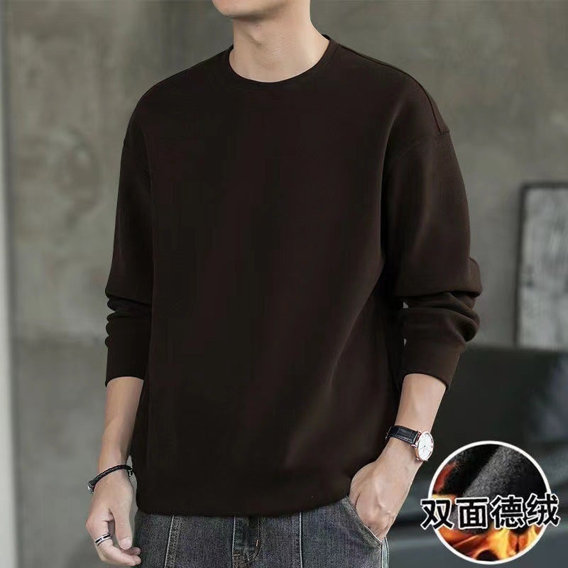 Double-sided Velvet T-Shirt Mens Casual Long Sleeve Warm Tee Autumn Winter Brown  - Image 1