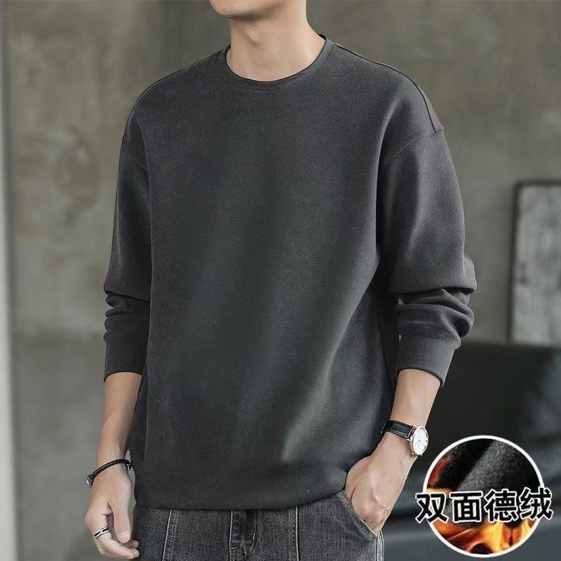 Double-sided Velvet T-Shirt Mens Casual Long Sleeve Warm Tee Autumn Winter Brown  - Image 2