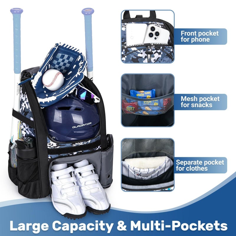 KAVIGOR Youth Baseball Bag, Softball Bag for Girls & Boys, Kids Tball Backpack with Shoes Compartment - Image 3