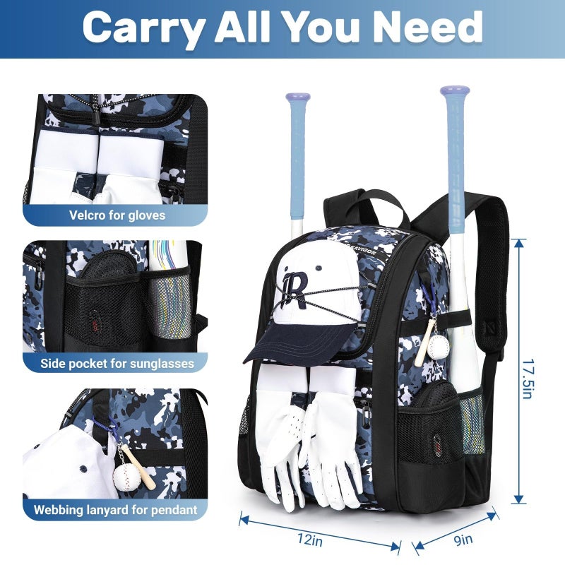 KAVIGOR Youth Baseball Bag, Softball Bag for Girls & Boys, Kids Tball Backpack with Shoes Compartment - Image 4
