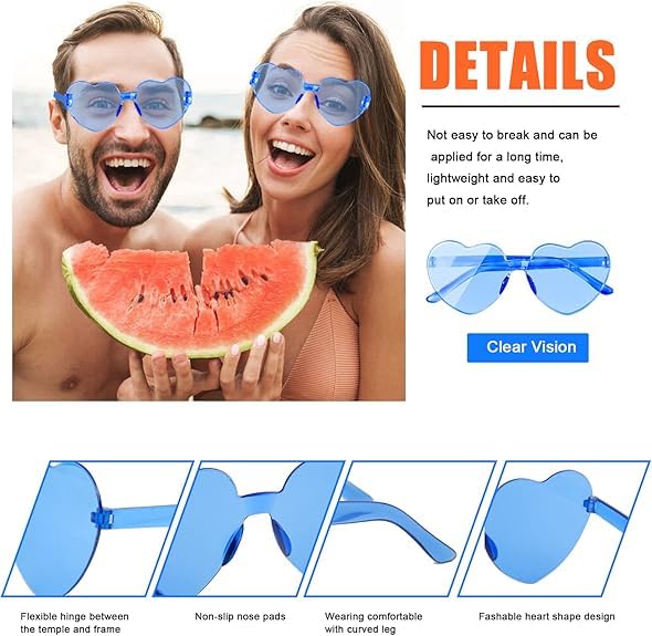 STORE 2508 Pack of 6 Heart Sunglasses Bulk Heart Shaped Rimless Sunglasses Unisex Frameless Glasses Transparent Candy Colour Fun Sunglasses Holi Party Pool Party Group Holidays - Image 4