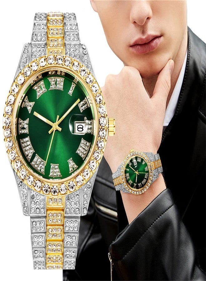 CdyBox Luxury Men Hip Hop Watch with Roman Scale Calendar Diamond Wrist Watch Stainless Steel Watches, Gift for Men - Image 2