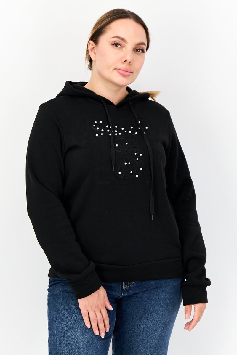 Buzz هودي نسائي مزين بغطاء رأس وأكمام طويلة، أسود - Image 1