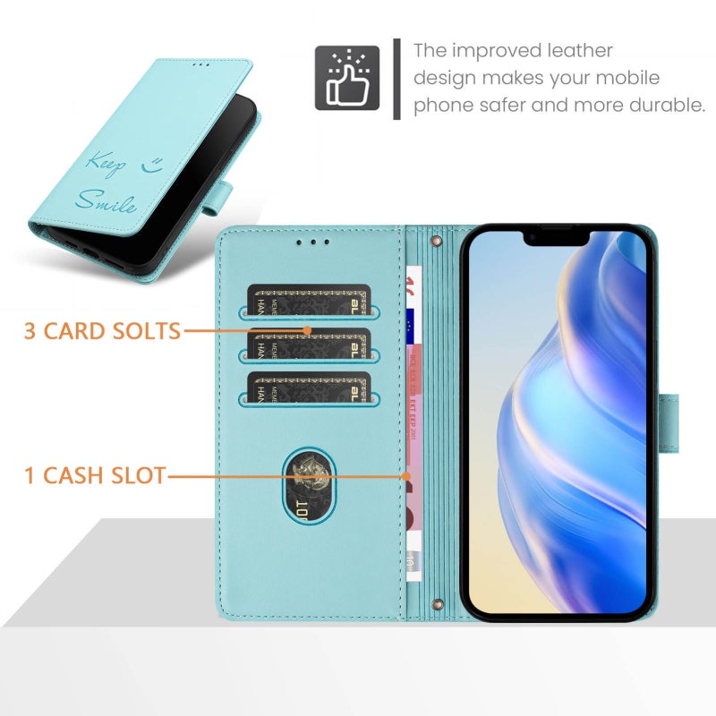 HuHa Protective Cover For iPhone SE 2022 / 2020 / 8 / 7 Smile Embossing RFID Leather Phone Case(Mint Green) - Image 4