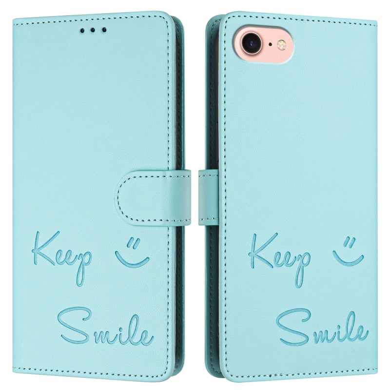 HuHa Protective Cover For iPhone SE 2022 / 2020 / 8 / 7 Smile Embossing RFID Leather Phone Case(Mint Green) - Image 3