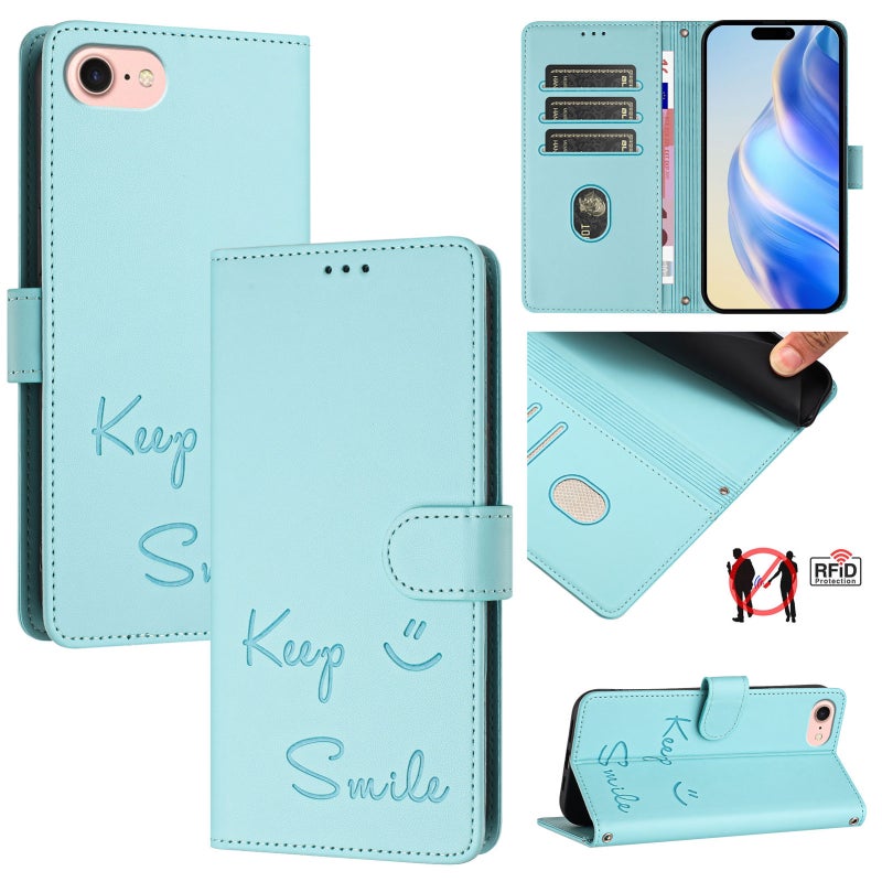 HuHa Protective Cover For iPhone SE 2022 / 2020 / 8 / 7 Smile Embossing RFID Leather Phone Case(Mint Green) - Image 1