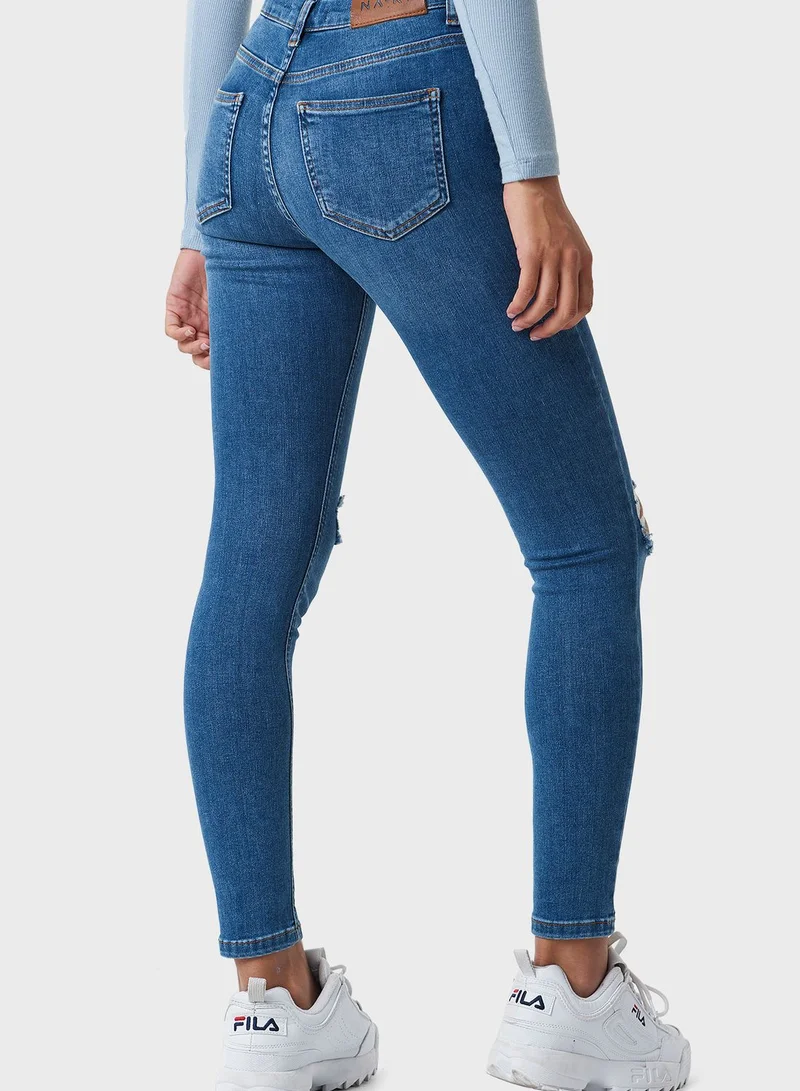 NA-KD Mid Wash Distressed Jeans