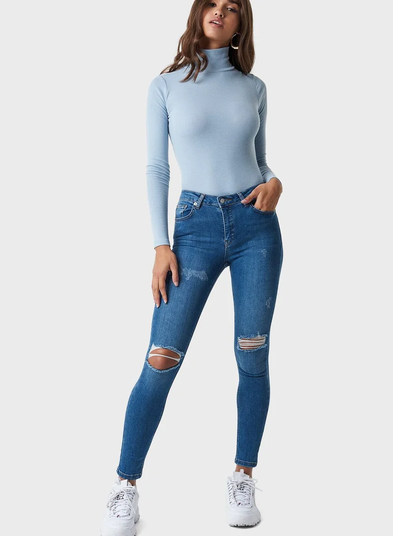 NA-KD Mid Wash Distressed Jeans