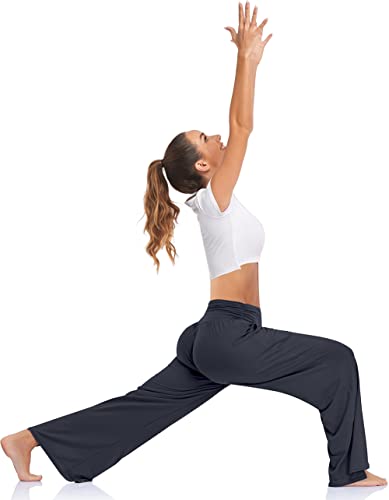 UEU Womens Wide Leg Yoga Pants High Waisted Adjustable Tie Knot Joggers Casual Loose Plus Size Lounge Sweatpants with Pockets (Dark Gray, L) - Image 3