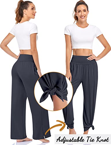 UEU Womens Wide Leg Yoga Pants High Waisted Adjustable Tie Knot Joggers Casual Loose Plus Size Lounge Sweatpants with Pockets (Dark Gray, L) - Image 4