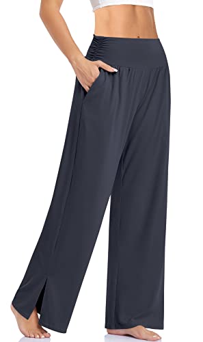 UEU Womens Wide Leg Yoga Pants High Waisted Adjustable Tie Knot Joggers Casual Loose Plus Size Lounge Sweatpants with Pockets (Dark Gray, L) - Image 1