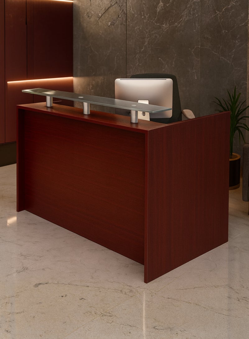 Karnak Modern Wooden Reception Desk with Glass Shelf – Front Counter with Lockable Drawers, Spacious Workstation & Elegant Light Wood Finish for Offices, Clinics, Salons & Hotels (Apple Cherry) - Image 1