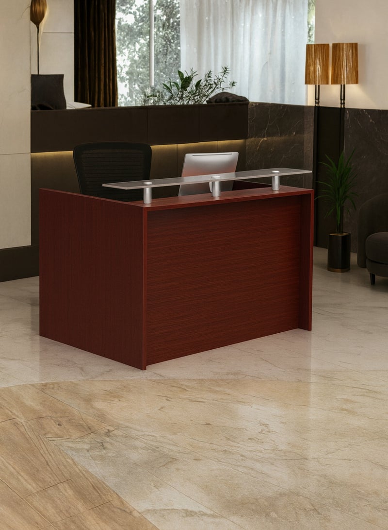 Karnak Modern Wooden Reception Desk with Glass Shelf – Front Counter with Lockable Drawers, Spacious Workstation & Elegant Light Wood Finish for Offices, Clinics, Salons & Hotels (Apple Cherry) - Image 2