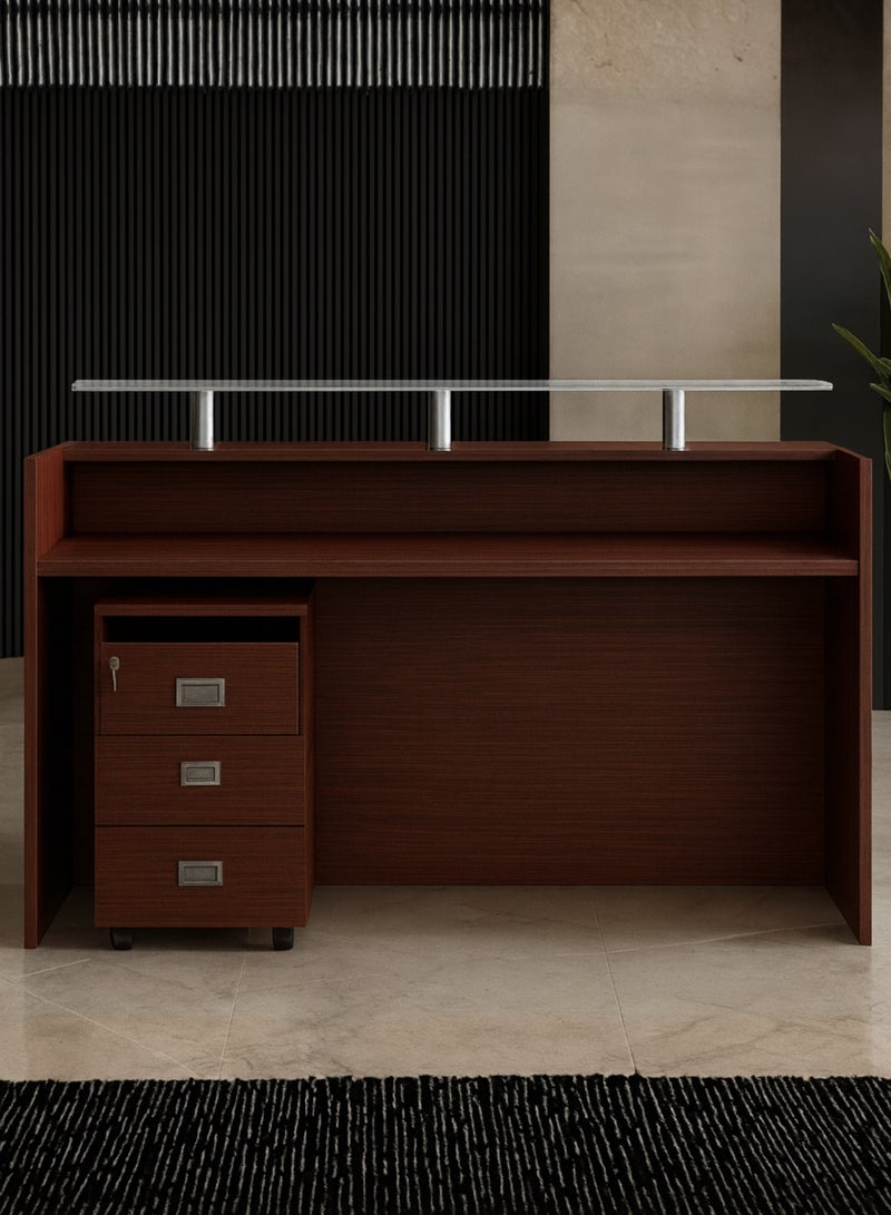 Karnak Modern Wooden Reception Desk with Glass Shelf – Front Counter with Lockable Drawers, Spacious Workstation & Elegant Light Wood Finish for Offices, Clinics, Salons & Hotels (Apple Cherry) - Image 4