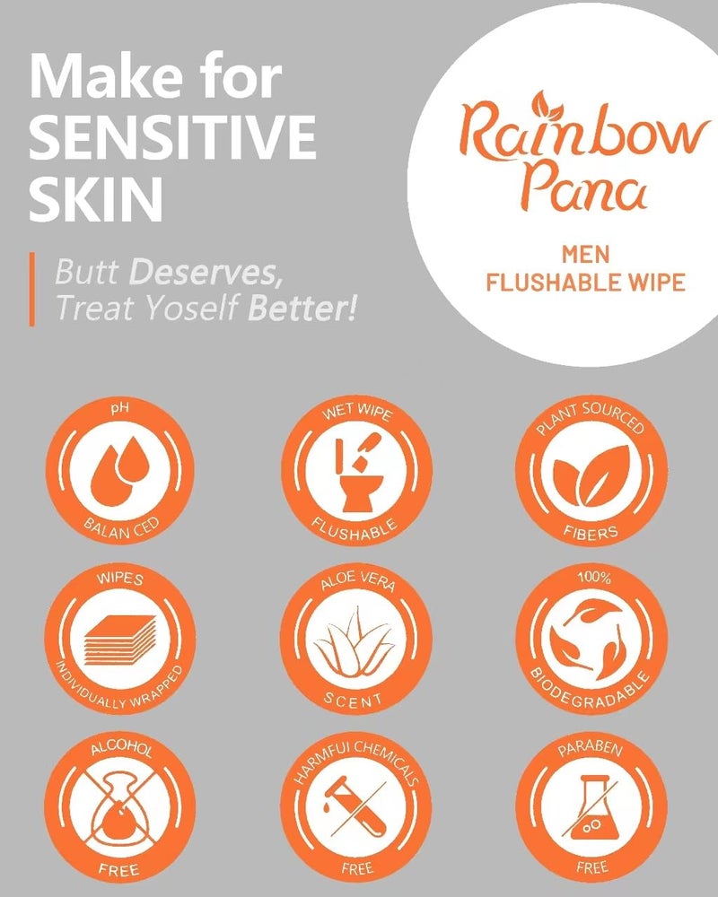 Rainbow Pana RainbowPana 240 Count Flushable Wipes for Men: ON-THE-GO, Individually Wrapped | Butt Wipes, Travel Wipes | Lightly Scented - Vitamin C, E, Aloe, Plant Extract | Hypoallergenic, Sensitive Skin - Image 2