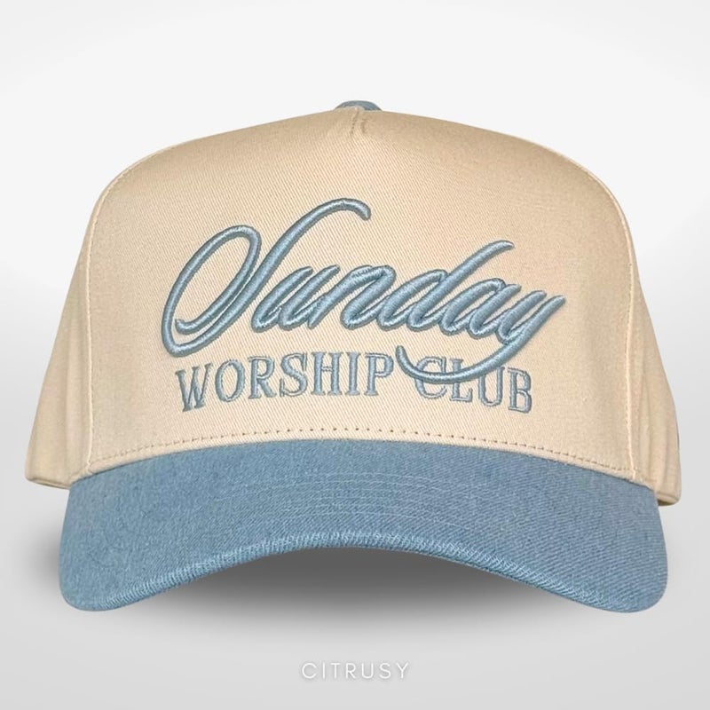 CITRUSY Vintage Faith & Forever Trucker Hat | Men & Women | Christian Cross God YHWH I Love Jesus Hats | Bride Bachelorette Engagement Wedding Cowboy Hat | Cotton | Snapback (Sunday Worship Club | Denim) - Image 2