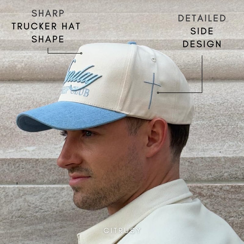 CITRUSY Vintage Faith & Forever Trucker Hat | Men & Women | Christian Cross God YHWH I Love Jesus Hats | Bride Bachelorette Engagement Wedding Cowboy Hat | Cotton | Snapback (Sunday Worship Club | Denim) - Image 5