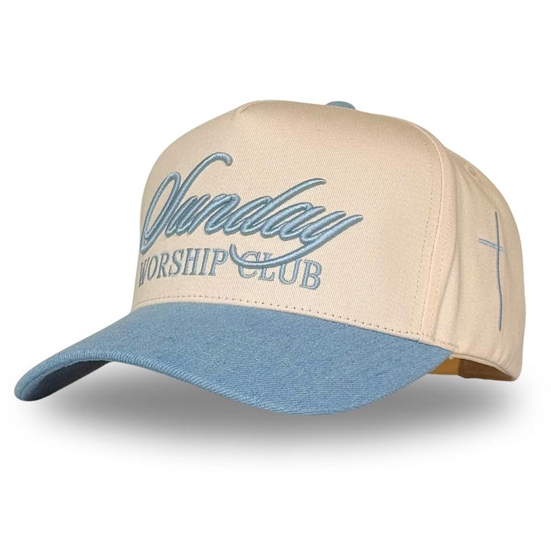 CITRUSY Vintage Faith & Forever Trucker Hat | Men & Women | Christian Cross God YHWH I Love Jesus Hats | Bride Bachelorette Engagement Wedding Cowboy Hat | Cotton | Snapback (Sunday Worship Club | Denim) - Image 1