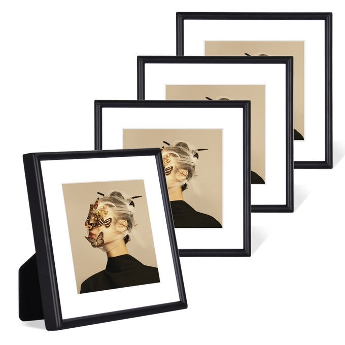 4X4 PICTURE FRAME SET OF 4 MATTED BLACK SIMPLE MODERN BRUSHED THIN ALUMINUM METAL SQUARE PHOTO FRAME FITS 3X3 WITH MAT OR 4 X 4 WITHOUT MAT DISPLAY FOR TABLETOP OR WALL COLLAGE